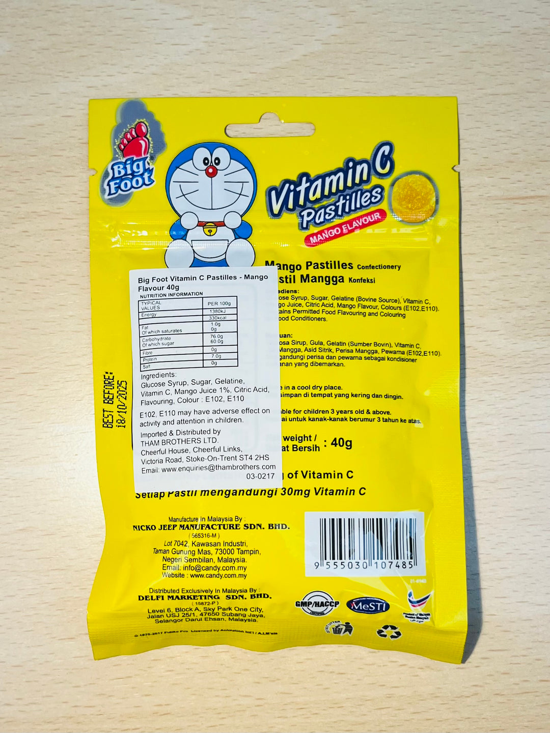 哆啦A梦软糖芒果味40g Big Foot Doraemon Vitamin C Mango Flavour Soft Candy