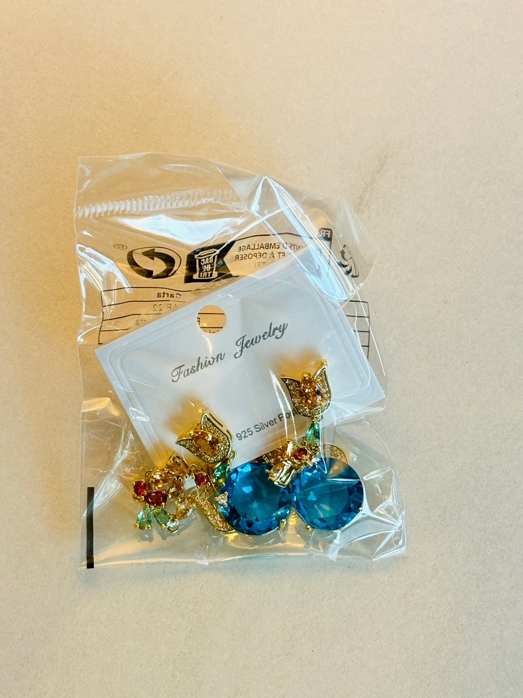 蓝色水钻玫瑰耳环 Blue Crystal Rose Drop Earrings