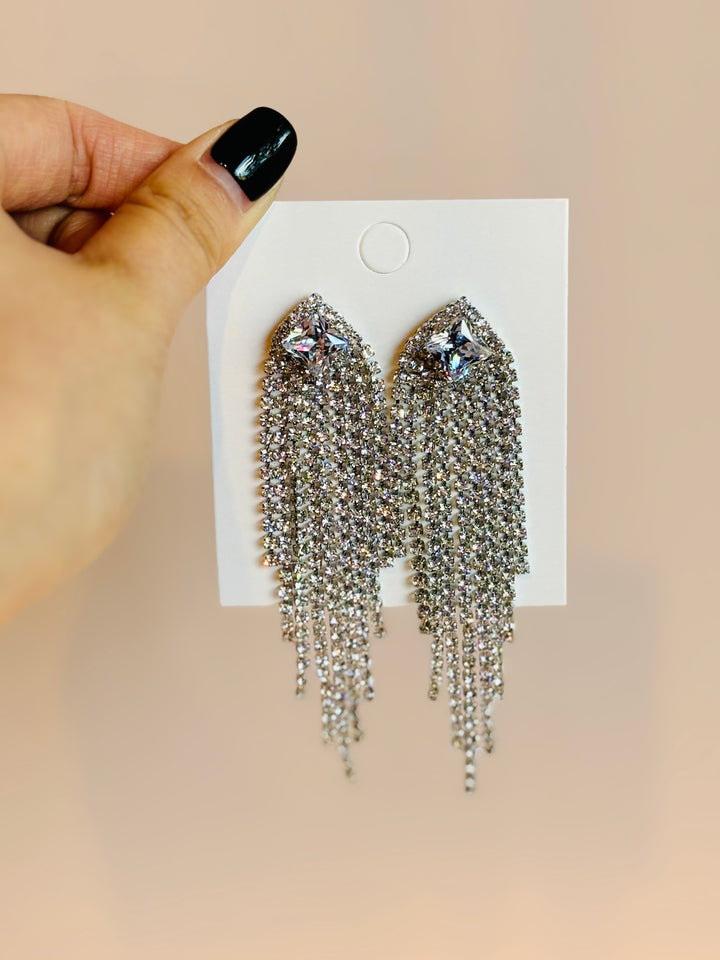 银色水钻方形耳环 Silver Crystal Square Chandelier Earrings