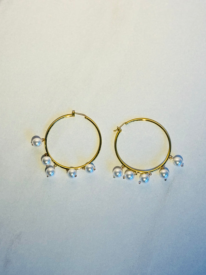 金色粗形珍珠环耳环 Gold Chunky Pearl Hoop Earrings