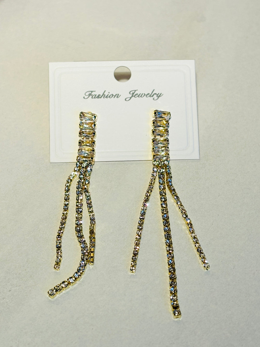 金色水钻长耳环 Gold Crystal Dangly Earrings