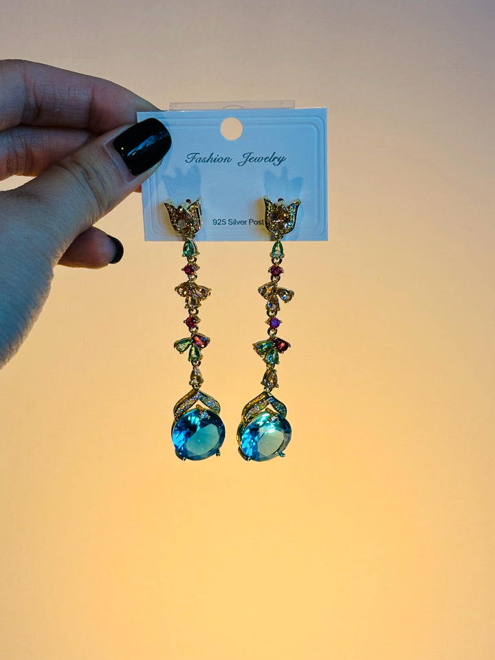 蓝色水钻玫瑰耳环 Blue Crystal Rose Drop Earrings